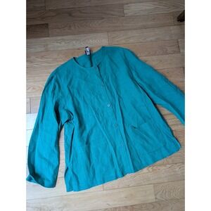 Eileen Fisher Linen Mandarin Collar Button Front Blouse Blue Jacket Pockets Sz M